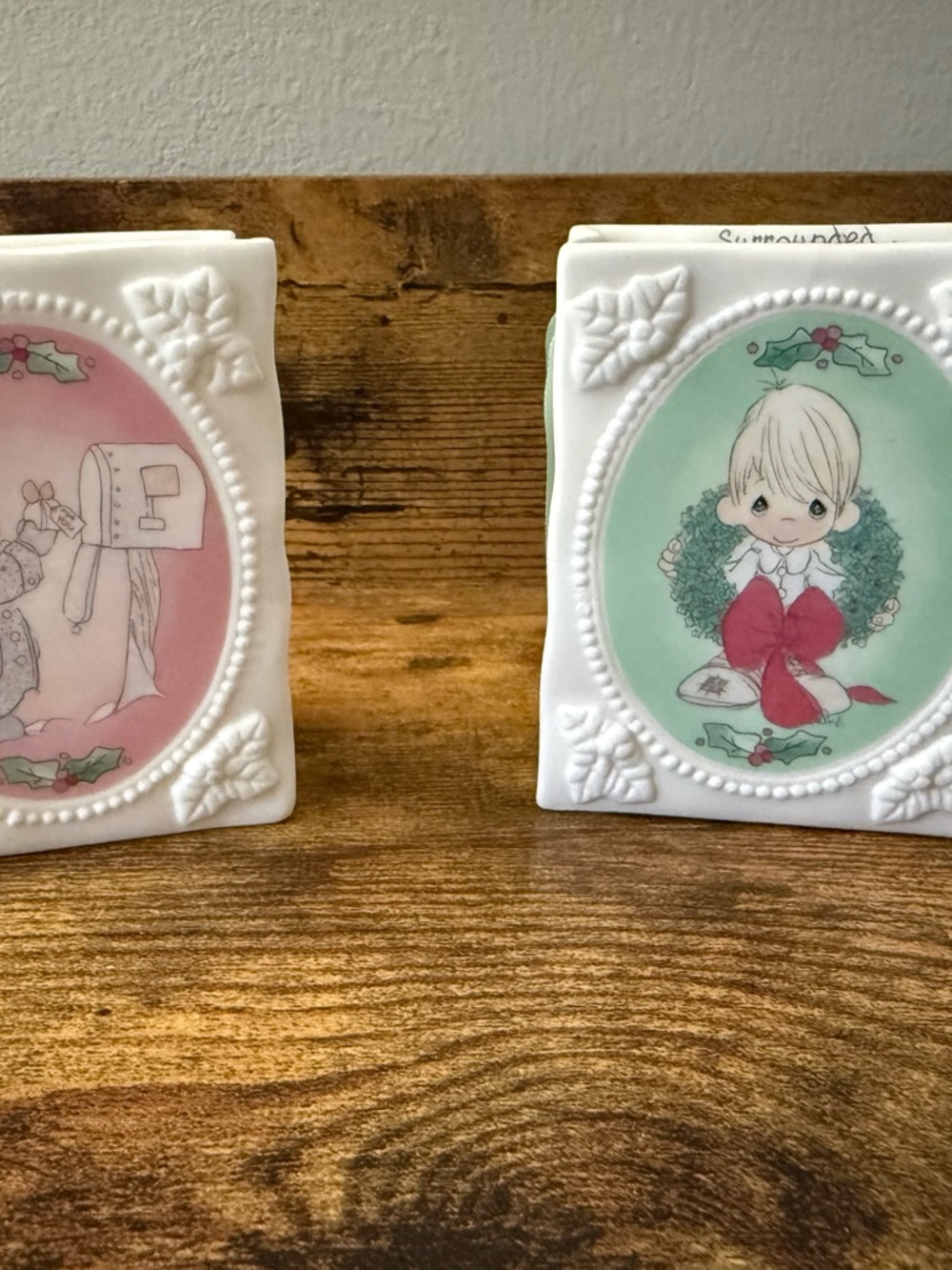 Precious Moments Ceramic Holiday Plaques in Mint and Pink